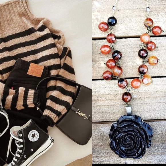 Jewelry - 2023 SALE Black Resin rose with carnelian stones